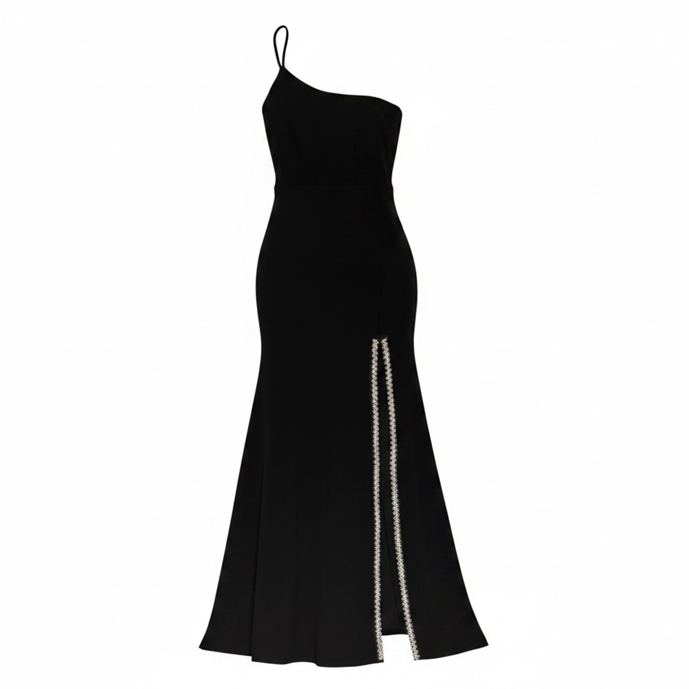 Windsor Black One-Shoulder Rhinestone Slit Maxi Gown